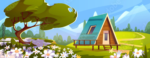 Beautiful spring valley landscape with nice wooden house and white flowers. Vector cartoon illustration of countryside scene with cute chalet, lush green grass, sunny blue sky, mountains on horizon