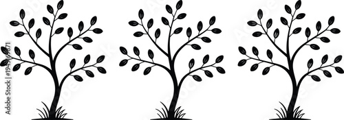 Three stylized black silhouette trees with leaves and grass on a white background vector illustration