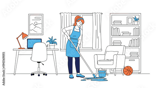 Diligent woman wearing a blue apron uses a mop to clean a spill in a well-organized home office or living room environment.