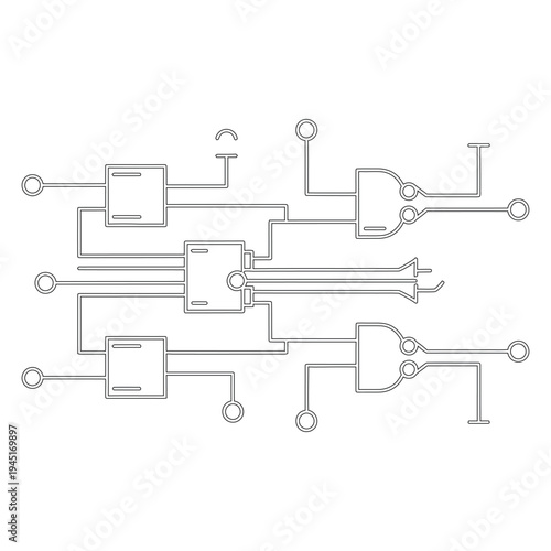 Minimal line of electronic circuit board components black and white technology