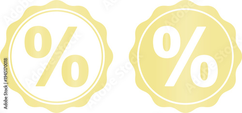 Yellow percent sign symbols on circular serrated badge stickers for e-commerce sales promotions discounts and special offers in retail marketing.
