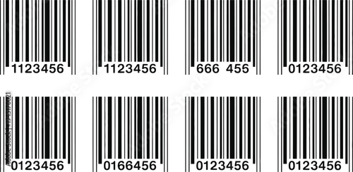 Set of black and white barcode icons with numeric digits isolated on a white background for retail and commercial inventory.
