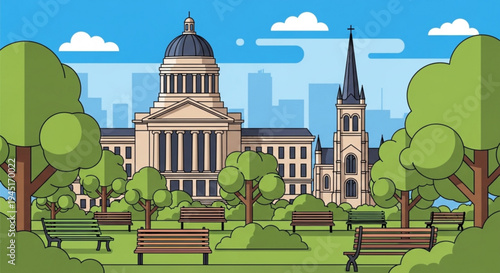 City park with government building and church benches trees green grass blue sky sunny day urban landscape public park municipal building steeple