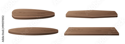 Wooden podium with natural wood grain texture, realistic vector illustration isolated on white background. Different shapes platforms, dark brown bases for product display