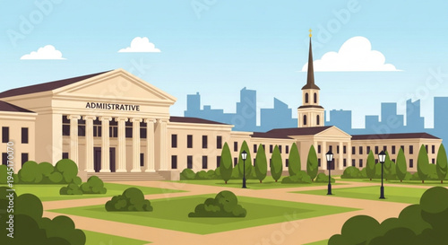 Large beige university administrative building with columns and clock tower on campus grounds with green lawn and city skyline background