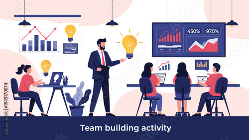 Team building activity in an office setting features a leader presenting ideas to coworkers using lightbulbs and data dashboards.