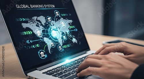 Person typing on laptop with global ranking system on screen in office setting with hands on keyboard