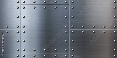 Metal background with steel rivets and brushed texture, 3d realistic vector banner. Silver aluminum sheet with bolts, military aircraft panel, iron border design template, industrial stainless frame