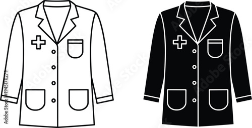 Medical Lab Coat Vector Illustration Set Featuring Professional Doctor Uniform and Scientist Protective Wear Icons in Black Solid and Outline Styles