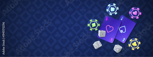 Neon casino items glowing on gambling themed background. Vector realistic illustration of poker cards, dice and chips, online betting app design, slot machine business banner, lucky fortune sign