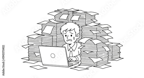 Overwhelmed businessman facing an immense pile of paperwork and deadlines, illustrating the stress and pressure of modern office work and excessive documentation