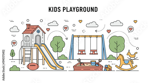 Detailed kids playground diagram illustrates various outdoor equipment like a playhouse, slides, swings, and a sandbox area.