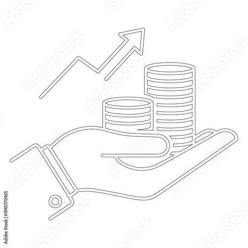 Minimal line of hand holding stacks of coins with rising graph arrow line hand