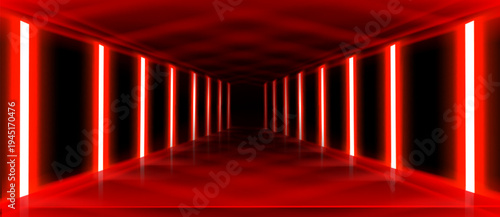 Dark tunnel with glowing neon red LED lights. Vector realistic illustration of futuristic corridor perspective, abstract stage runway, illuminated space hall, modern show or award ceremony background