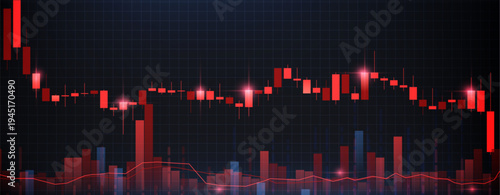 Stock market decline graph with red candlestick chart, glowing data bars, abstract vector background. Downward financial trend and falling exchange data on grid bg