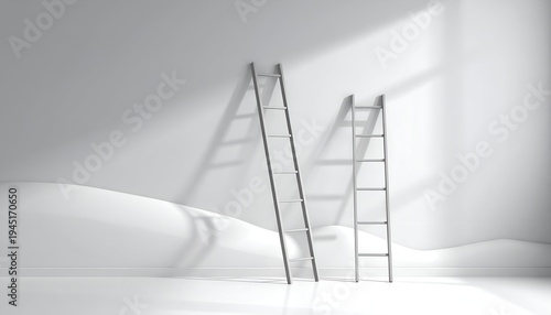 Two ladders lean against a white wall with shadows, abstract minimalist scene
