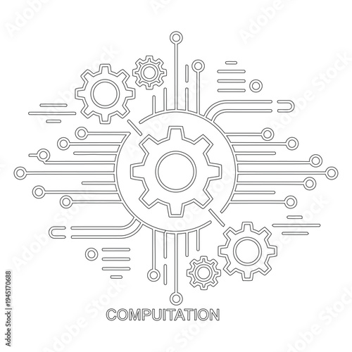Minimal line of interconnected gears and circuits with computitation text computation line minimal