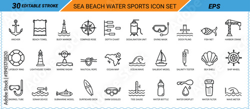 Sea Beach Water Sports Icon Set Editable Stroke EPS icons