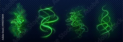 Magic smoke swirls with glowing light effects, fantasy spell design elements, vector set isolated on transparent background. Neon sparkles with green mystical energy trails, shining particles