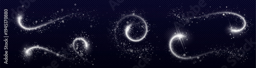 Magical silver glitter trail with sparkling dust particles and glowing star rays, vector swirl effect on dark transparent background. Festive wavy designs elements, shimmering powder