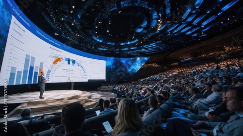 Large audience listens to a speaker at a conference with visual data displayed on a big screen in a modern hall during a daytime event