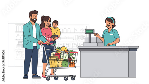 Happy family of three shops at a grocery store while a friendly cashier scans their cart full of fresh fruits and vegetables.