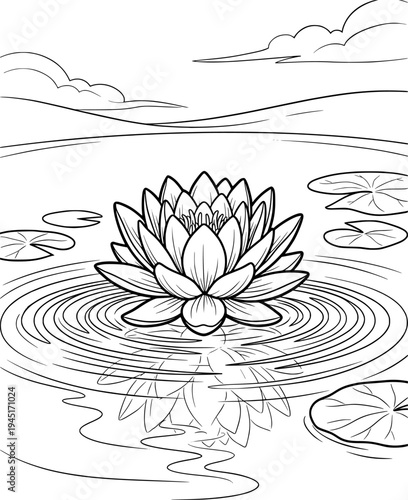 Zen lotus flower blooming on water with ripple patterns coloring page