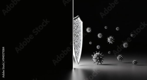 Shield protecting against virus particles, concept of immunity and health defense against microscopic threats