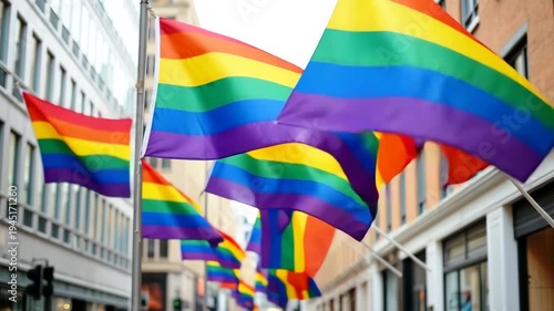 Colorful rainbow flags waving in urban environment during daytime  