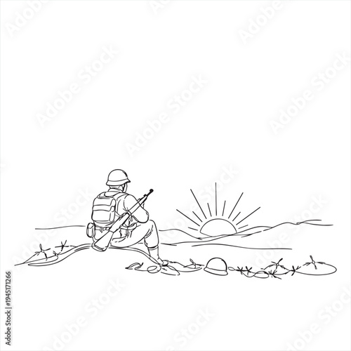 Soldier sits silently with rifle, overlooking a distant wartime landscape as the sun rises or sets in a poignant, reflective moment.