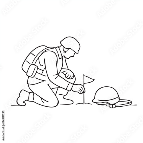 Soldier kneels down carefully placing a small flag marking a battlefield spot for memorial remembrance