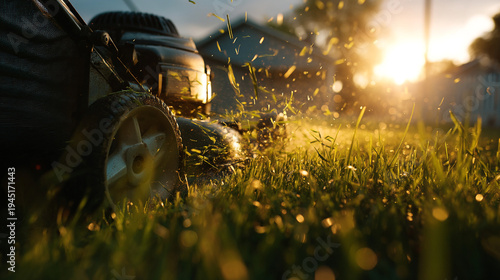 Close-up of lawnmower cutting grass at sunset with flying clippings with yard work