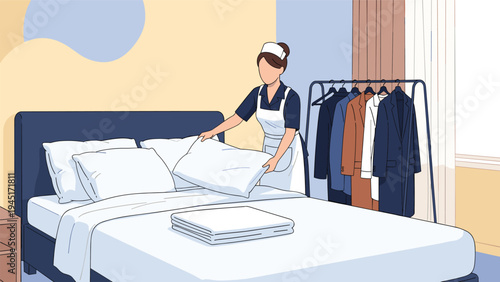 Professional hotel maid in a uniform neatly makes a large bed in a guest room featuring a clothing rack with various suits.