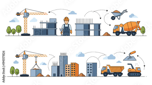 Construction process illustration shows various stages of building development from foundation to completion with heavy machinery.