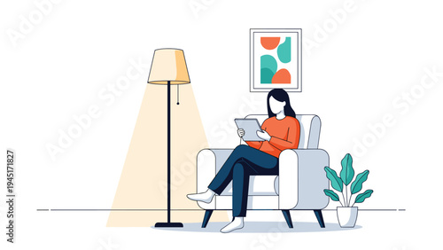 Young woman enjoys a quiet moment at home while sitting in a comfortable armchair and reading content on a digital tablet.