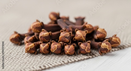 A pile of brown cloves on a textured surface