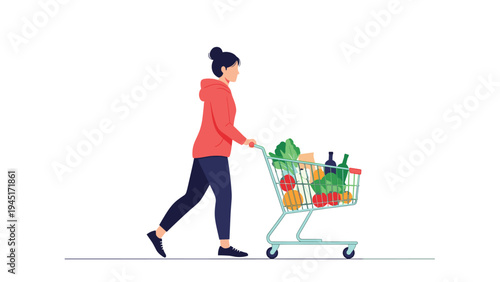 Woman dressed in casual wear walks with a shopping cart filled with fresh vegetables, fruit, and bottles of wine or juice.
