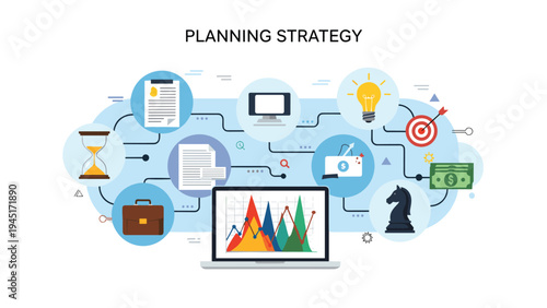 Planning strategy concept with interconnected business icons like light bulb, target, laptop with charts, and chess piece.