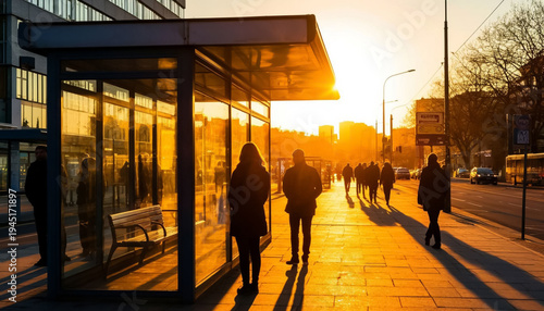 Urban Commuters at Evening Transit Station Golden Hour Line Art