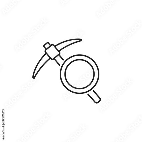 Black line icon of pickaxe and magnifying glass.