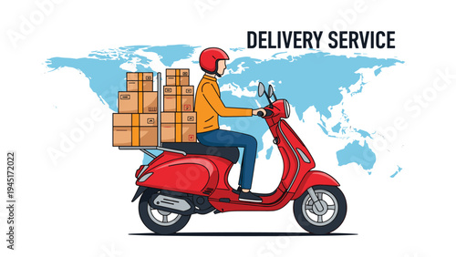 Delivery service concept featuring a courier on a red scooter carrying stacked packages against a blue world map graphic.
