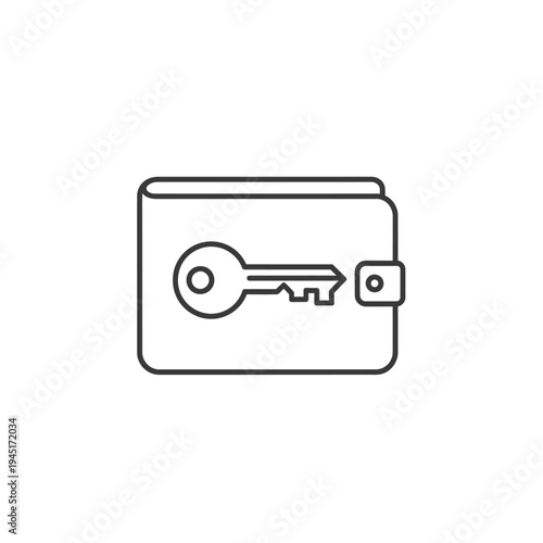 A simple line drawing of a wallet with a key.