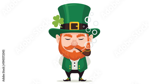 Traditional st patricks day leprechaun character with a red beard wearing a green hat and smoking a tobacco pipe in style.