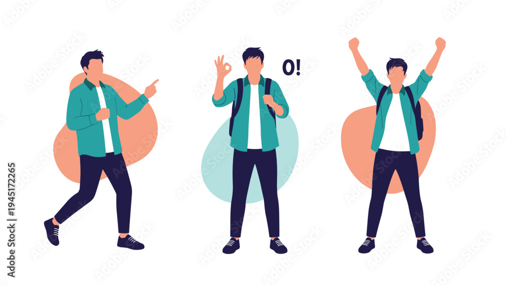 Fototapeta premium Young male student with a backpack shown in three different poses including walking, gesturing okay, and celebrating success.