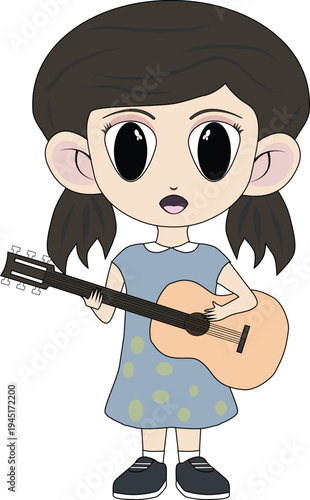 A Friendly Little Girl is Singing with a Guitar