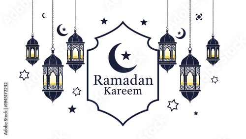 Ramadan kareem greeting card with traditional arabic lanterns, crescent moon, and stars in a black and white design style.