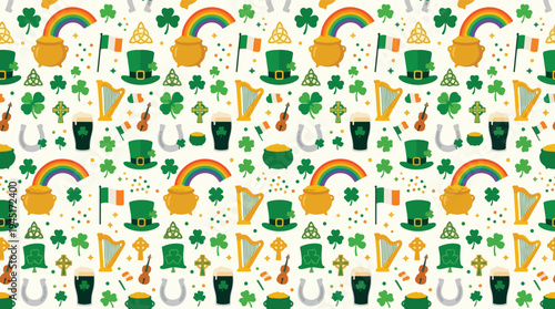 Saint Patrick's Day Seamless Pattern Lucky Charms, Rainbows, and Irish Symbols