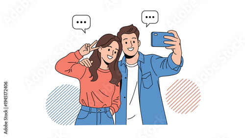 Young happy couple taking a selfie together with a smartphone while gesturing peace sign and smiling cheerfully outdoors.