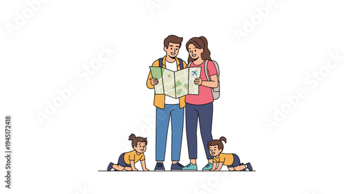 Young family with small children looking at a map while planning their travel route for a vacation or trip abroad together.