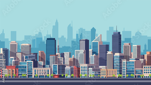 Urban city panorama featuring a dense skyline with modern skyscrapers, office buildings, and a clear blue sky background.